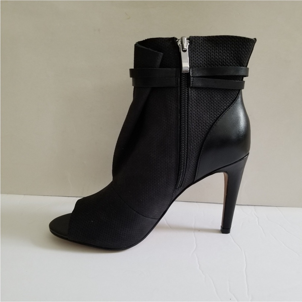 French Connection Quinby Black Leather Peep-Toe Heeled Boots - Picture 5 of 7
